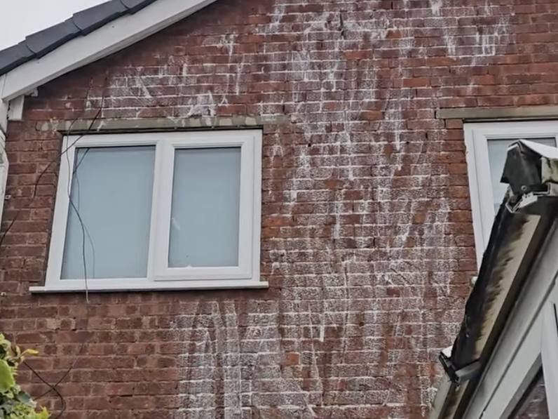A brick gable being soft washed, the treatment running down the wall from a pole